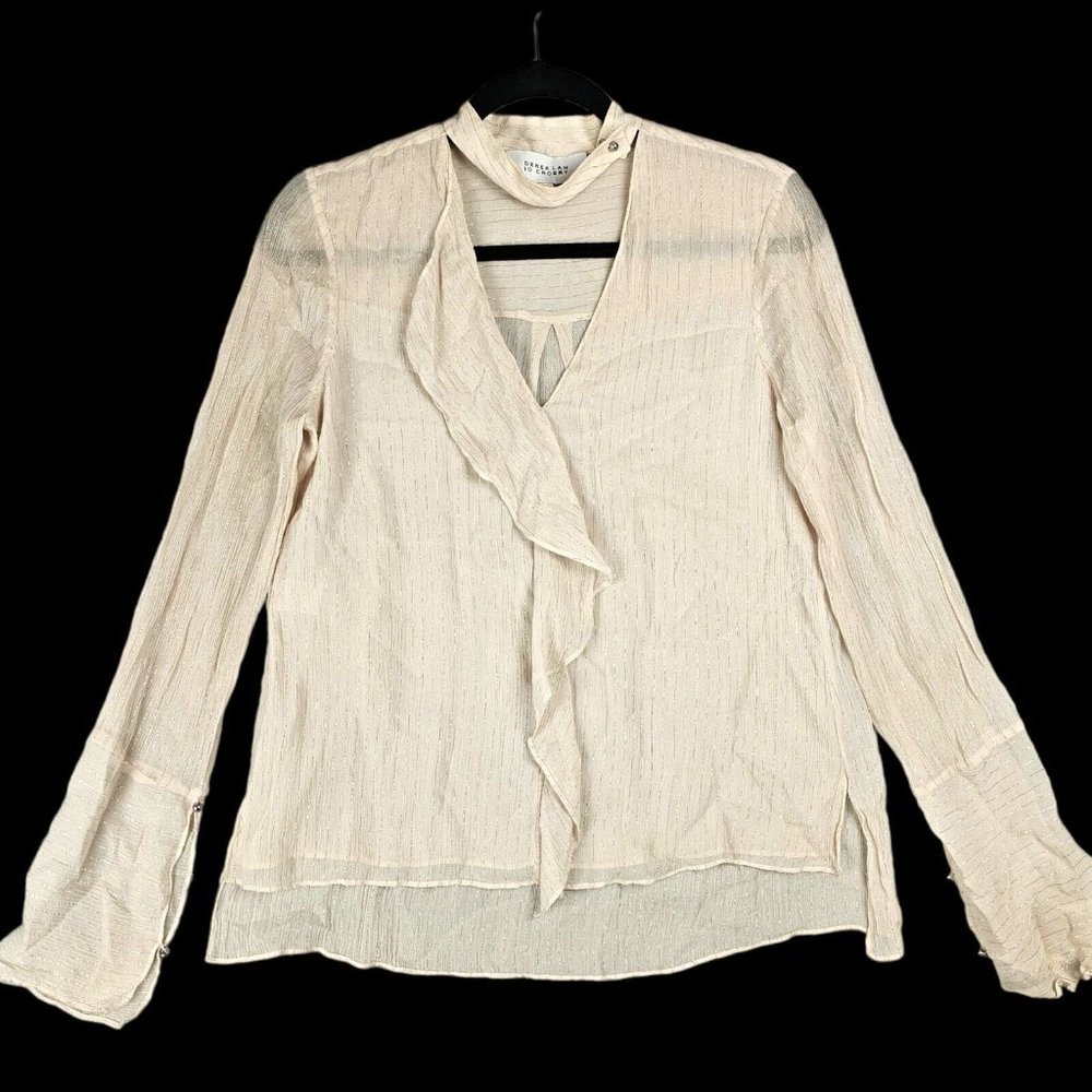 Derek Lam 10 Crosby Women Size 4 Silk Neutral Metallic Stripe Sheer Top Blouse